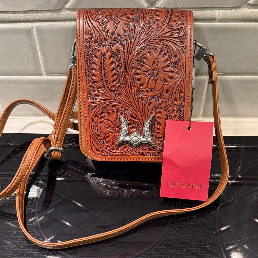 NWT Loyal West Floral Tooled Leather Crossbody Bag